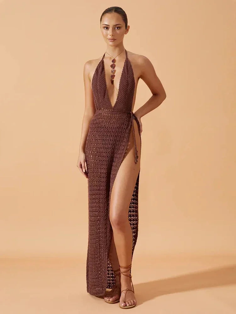 Enseada Backless Knit Cut Out Slit Beach Maxi Dress