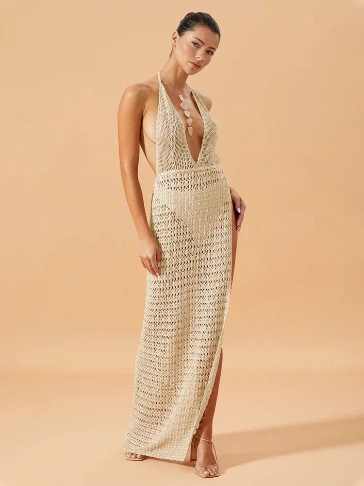 Enseada Backless Knit Cut Out Slit Beach Maxi Dress