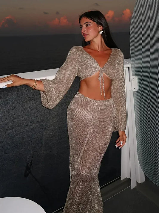 Palmeira Sexy Metallic Gold Tank Top Long Skirt Knit