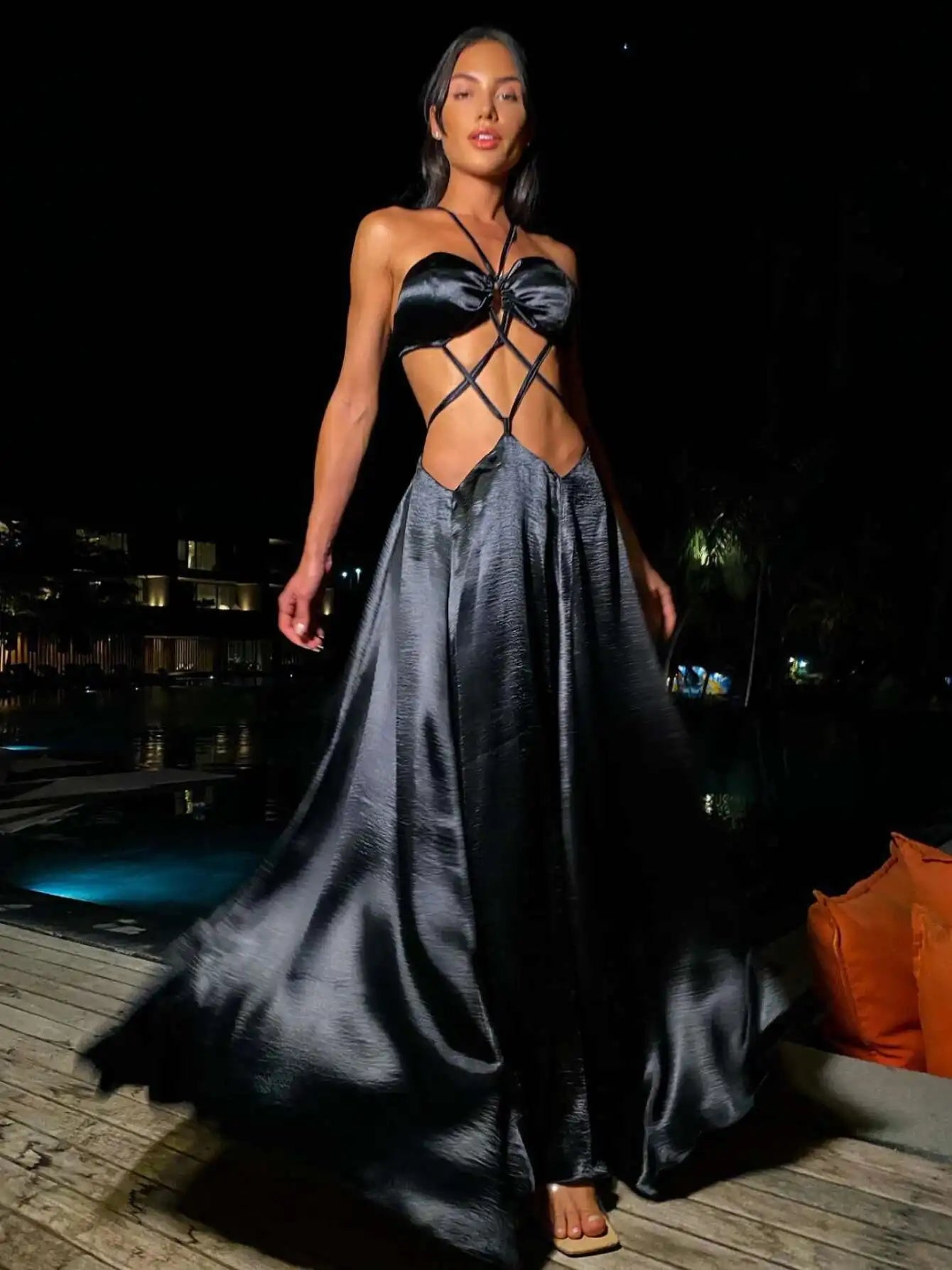 Noir Cut-Out Pleated Maxi Dress – Glow Edition