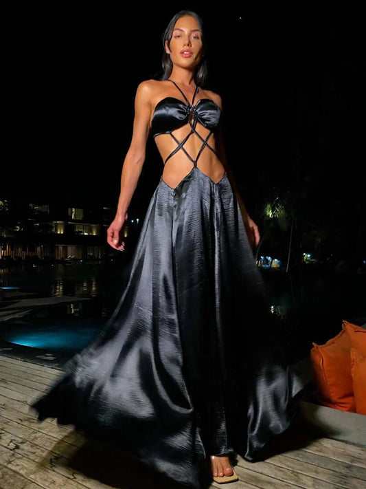 Noir Cut-Out Pleated Maxi Dress – Glow Edition